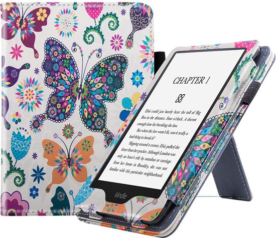 Case2go - E-reader Hoes geschikt voor Kindle Paperwhite (2021) - Sleepcover - Auto/Wake functie - Met handstrap - Vlinder van Case2go