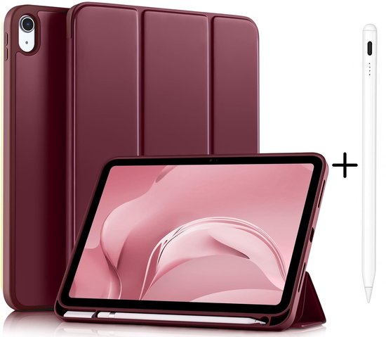 Casemania Stylus en Hoes Geschikt voor Apple iPad 2025 (A16) - Bordeaux Rood - Universeel Stylus Pen - Smart Cover met Pencil Slot Uitsparing van Merkloos