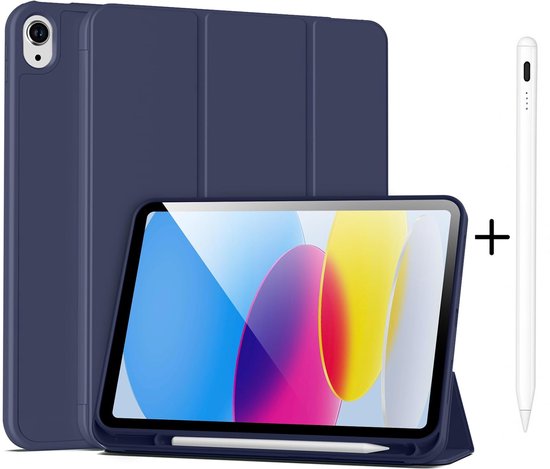 Casemania Stylus en Hoes Geschikt voor Apple iPad 2025 (A16) - Donker Blauw - Universeel Stylus Pen - Smart Cover met Pencil Slot Uitsparing van Merkloos