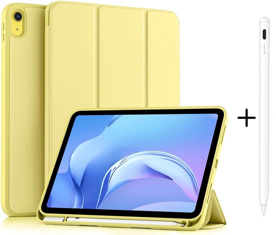 Casemania Stylus en Hoes Geschikt voor Apple iPad 2025 (A16) - Geel - Universeel Stylus Pen - Smart Cover met Pencil Slot Uitsparing van Merkloos