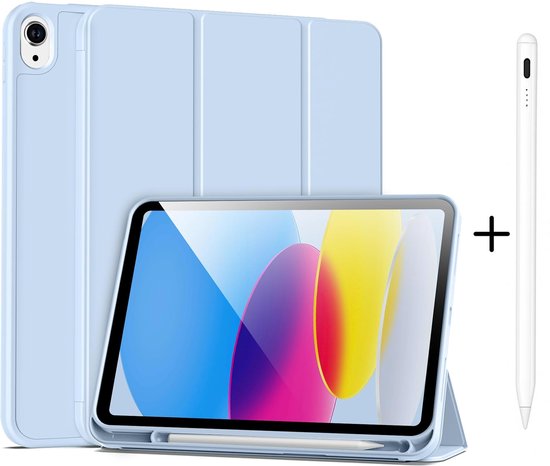 Casemania Stylus en Hoes Geschikt voor Apple iPad 2025 (A16) - Licht Blauw - Universeel Stylus Pen - Smart Cover met Pencil Slot Uitsparing