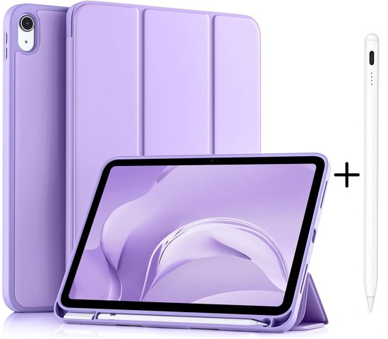 Casemania Stylus en Hoes Geschikt voor Apple iPad 2025 (A16) - Paars - Universeel Stylus Pen - Smart Cover met Pencil Slot Uitsparing
