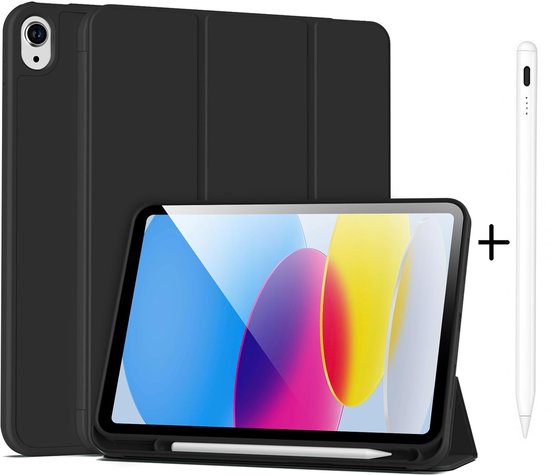 Casemania Stylus en Hoes Geschikt voor Apple iPad 2025 (A16) - Zwart - Universeel Stylus Pen - Smart Cover met Pencil Slot Uitsparing van Merkloos