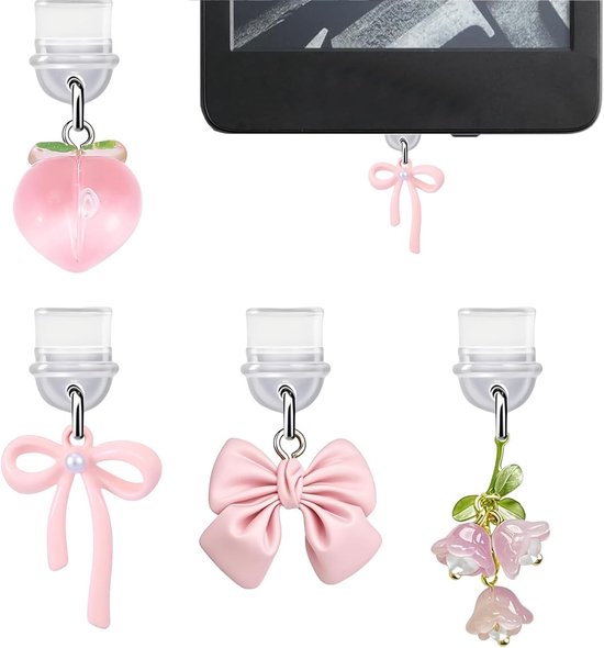 Charmante 4-delige set met rozenkleurige strik voor Kindle, E-reader, Telefoon en iPad met Type C/USB C Oplaadconnector