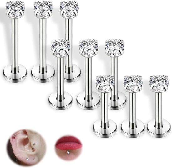 Chirurgisch staal, neuspiercing, oorpiercing, helix, kraakbeen, tragus, piercing, labret, lip, oorpiercing, neus, kraakbeen, oorbellen, piercing, 9 stuks