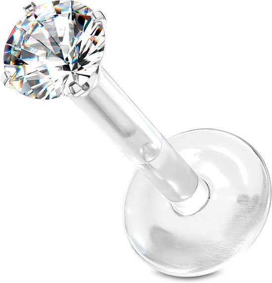 Chriurgenstaal 316L Bioflex piercing zirkonia push in allergie flexibel buigbaar rond basis platte bits conch oorstekers neus tragus kunststof kunststof 1,2mm zilver/helder, 6 mm,