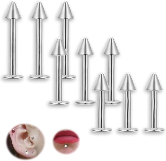 conisch, roestvrij staal, lip, tragus, helix, kraakbeen, oor, lip, hypoallergeen, tragus, helix, labret-piercing, conisch, 9 stuks