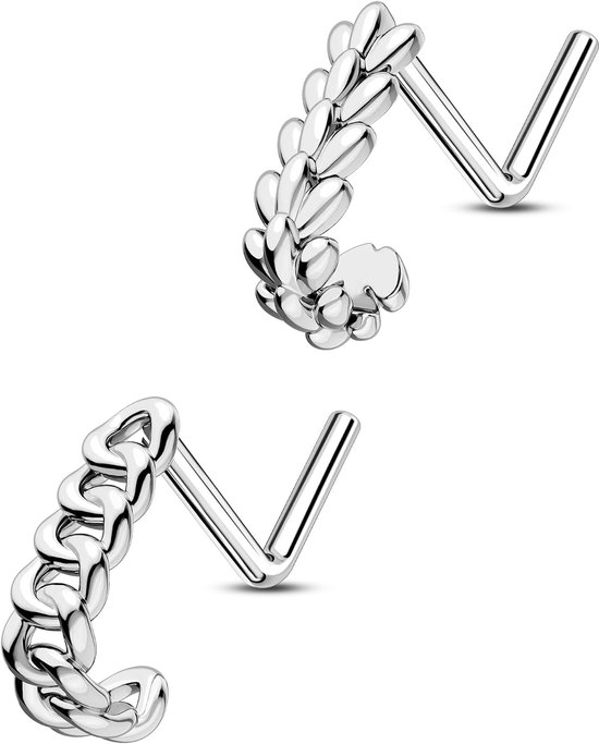 Crareesi Mania 2 stuks neusstekers L-vormige neusgat piercing sieraden 316L roestvrij staal neusschroef 20 gauge neusringen met ketting en tarweoren voor vrouwen, 7mm, Roestvrij staal