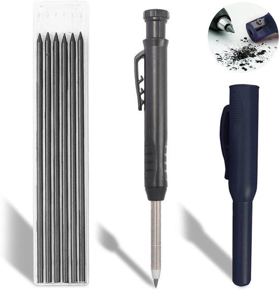 Deep Hole Markers Pencil with 6 Refills - Robust Carpentry Pencils with Integrated Pencil Sharpener - Mechanical Pressure Pencil - Solid Borehole Marker for Construction Site