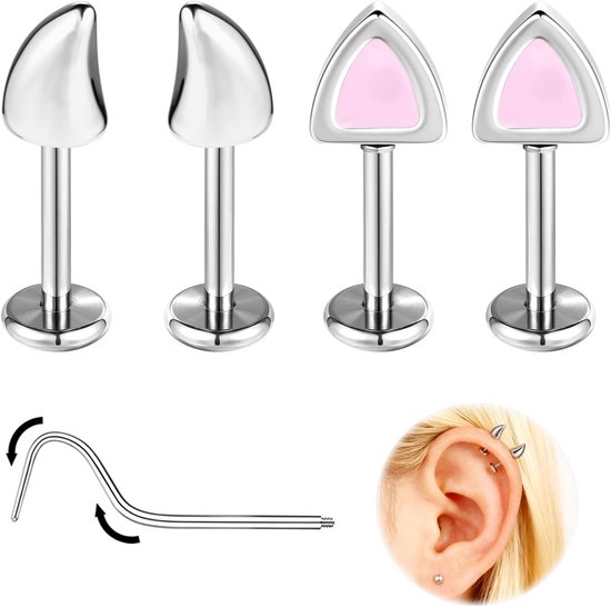 Demon & Cat Helix oorstekers, 16 G, 6 mm/8 mm, roestvrij staal, kraakbeenoorbellen, 2 paar oor, tragus, helix, conch, industriële piercing, sieraden met siliconen schijf