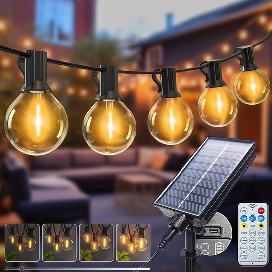 Dimbaar LED-buitenlicht op zonne-energie, 8 standen, 9 meter, 15 LED's, IP65 waterdichte lichtslinger voor tuin, terras, erf, pergola, feestverlichting. Lichtslinger voor terrasdecoratie - Sprookjeslichtjes, lampjes voor bruiloften. van Merkloos