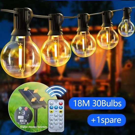 Dimbare zonne-energie buitenverlichting, 18 meter, 30 LED's, IP65 waterdichte lichtslinger voor tuin, terras, tuin, pergola, feest,buiten decoratie