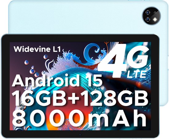 DOOGEE T10W - Tablet - 9GB RAM + 128GB ROM (2TB/TF) - 10,1 Inth TUV low blue light - 8000mAh - Android 15 - Dubbele luidsprekers - Face ID - Blauw van Merkloos