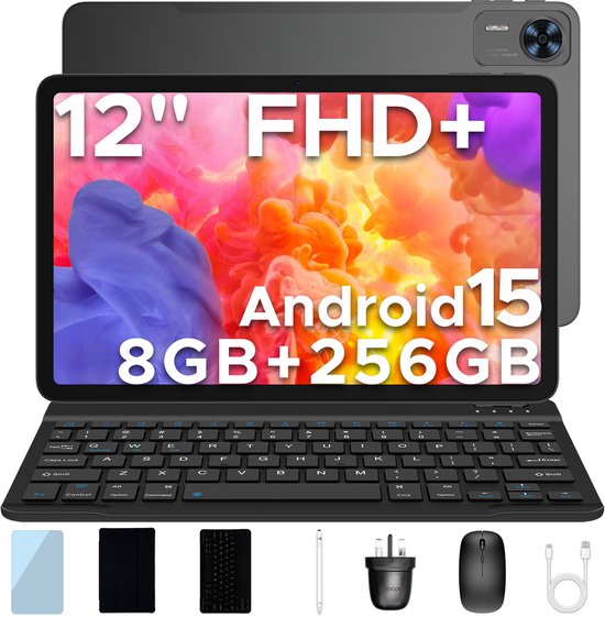 DOOGEE T36 Tablet met toetsenbord 12"+ 90Hz Android 15 32 ​​GB RAM + 256 GB ROM 8800 mAh batterij Twee simkaart BT 5.0 FaceID,Zwart