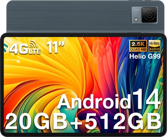 DOOGEE T40 Tablet 11"2,5K 20 GB RAM + 512 GB ROM Android 14 met Helio G99 Batterij 8580 mAh 16 MP + 8 MP,Grijs