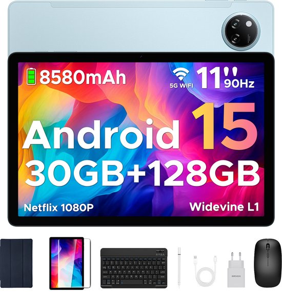 DOOGEE Tab A9 Pro+ Android 15-tablet met toetsenbord 11-inch scherm + 90 Hz verversingssnelheid 6 GB RAM + 128 GB opslagruimte 8580 mAh-batterij Octa-Core T7200-processor 13 MP-camera,Blauw van Merkloos