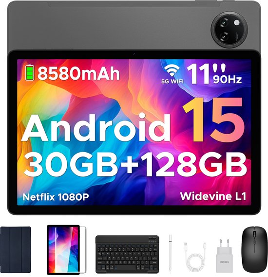 DOOGEE Tab A9 Pro+ Android 15-tablet met toetsenbord 11-inch scherm + 90 Hz verversingssnelheid 6 GB RAM + 128 GB opslagruimte 8580 mAh-batterij Octa-Core T7200-processor 13 MP-camera,Grijs van Merkloos