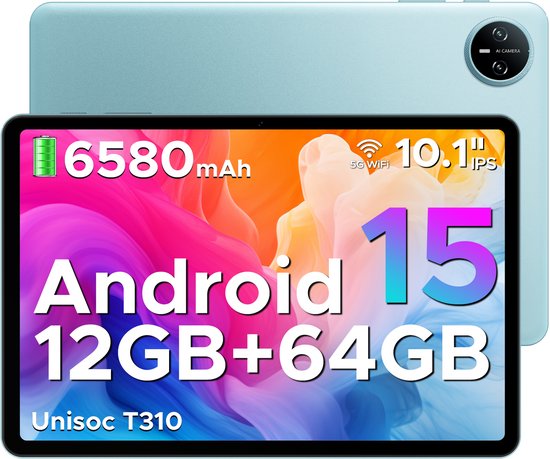 DOOGEE TAB A9 - Tablet - Android 15 - 12GB RAM + 64GB ROM（2TB/TF） - 10 Inch - 6580 mAh - 5G WiFi - Tablet Unisoc T310 - Dubbele Luidspreker - 3,5 mm aansluiting - Face ID - Blauw van Merkloos