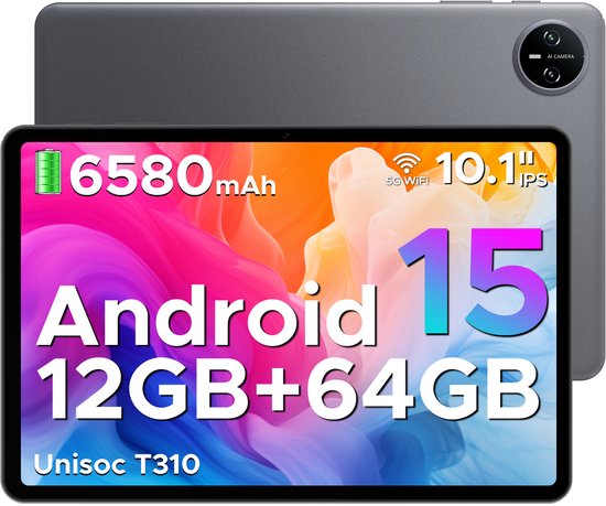 DOOGEE TAB A9 - Tablet - Android 15 - 12GB RAM + 64GB ROM（2TB/TF） - 10 Inch - 6580 mAh - 5G WiFi - Tablet Unisoc T310 - Dubbele Luidspreker - 3,5 mm aansluiting - Face ID - Grijs van Merkloos