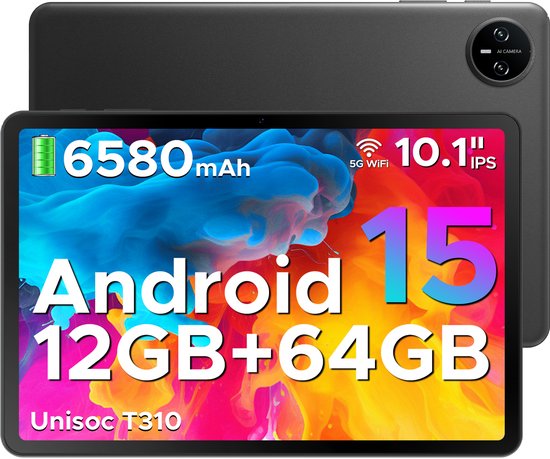 DOOGEE TAB A9 - Tablet - Android 15 - 12GB RAM + 64GB ROM（2TB/TF） - 10 Inch - 6580 mAh - 5G WiFi - Tablet Unisoc T310 - Dubbele Luidspreker - 3,5 mm aansluiting - Face ID - Zwart van Merkloos