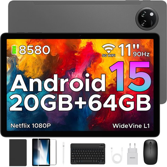 DOOGEE TAB A9+ VIP - Tablet - 20GB RAM +64GB ROM /2TB TF - 11 Inth + 90Hz IPS - Android 15 - 8580 mAh - Unisoc T7200 - 5Gz WiFi - Dubbele luidsprekers - Muis/toetsenbord/hoesje/geharde film - Grijs van Merkloos