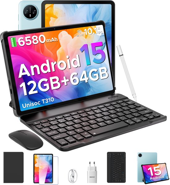 DOOGEE TAB A9 VIP - Tablet - 9 GB RAM + 64 GB ROM (2TB/TF) - 10,1" HD IPS - Android 15 - 6580 mAh - 5G WiFi - Face ID - met toetsenbord en stylus - dubbele luidspreker - Blauw van Merkloos