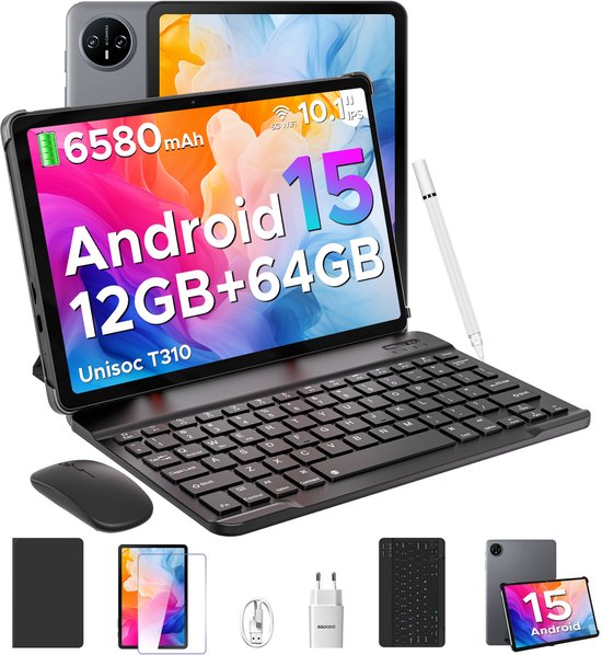 DOOGEE TAB A9 VIP - Tablet - 9 GB RAM + 64 GB ROM (2TB/TF) - 10,1" HD IPS - Android 15 - 6580 mAh - 5G WiFi - Face ID - met toetsenbord en stylus - dubbele luidspreker - Grijs van Merkloos