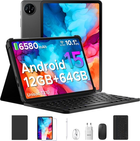 DOOGEE TAB A9 VIP - Tablet - 9 GB RAM + 64 GB ROM (2TB/TF) - 10,1" HD IPS - Android 15 - 6580 mAh - 5G WiFi - Face ID - met toetsenbord en stylus - dubbele luidspreker - Zwart van Merkloos