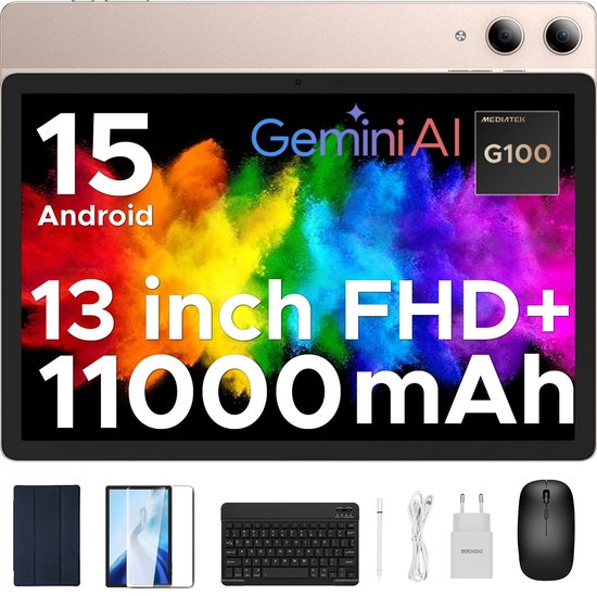 DOOGEE Tab E3 Pro Tablette avec Clavier Android 15 13"+90Hz Helio G100 Octa-Core,32GB RAM+256GB ROM 11000mAh Batterij Metalen Behuizing,Goud