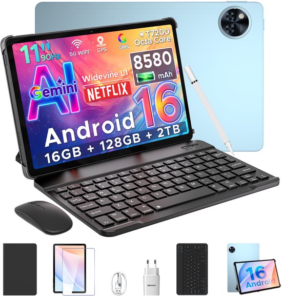 DOOGEE U11 - Tablet - 16 GB RAM + 128 GB ROM - Tablette met toetsenbord- Android 15 - 11 inth 90Hz - 8580 mAh - Ultradunne 7,9 mm - inclusief muis - Stylus - Beschermhoes - Schermbeschermer - Blauw van Merkloos