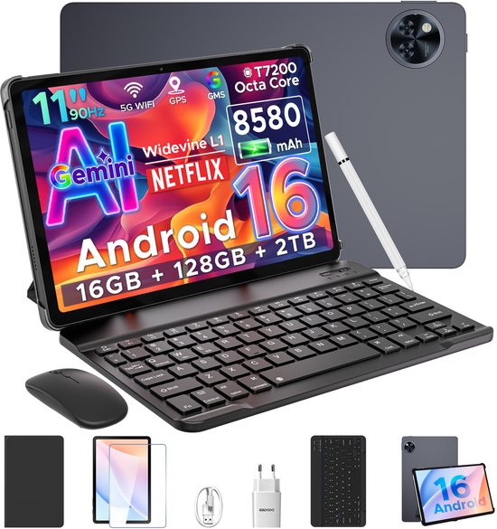 DOOGEE U11 - Tablet - 16 GB RAM + 128 GB ROM - Tablette met toetsenbord- Android 15 - 11 inth 90Hz - 8580 mAh - Ultradunne 7,9 mm - inclusief muis - Stylus - Beschermhoes - Schermbeschermer - Grijs van Merkloos