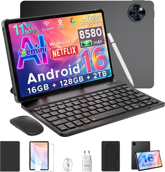 DOOGEE U11 - Tablet - 16 GB RAM + 128 GB ROM - Tablette met toetsenbord- Android 15 - 11 inth 90Hz - 8580 mAh - Ultradunne 7,9 mm - inclusief muis - Stylus - Beschermhoes - Schermbeschermer - Zwart van Merkloos