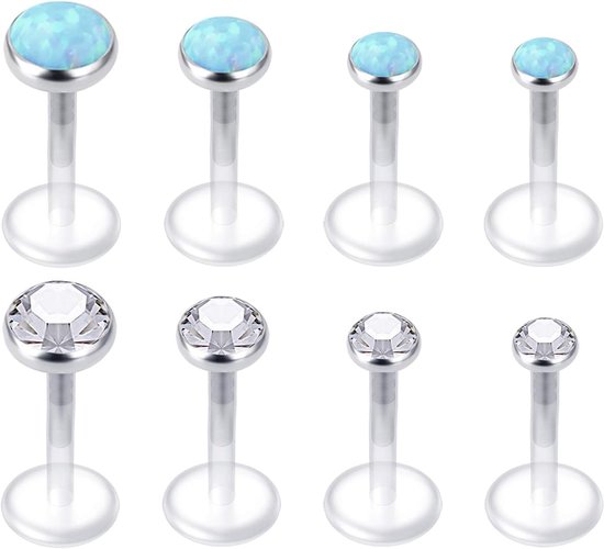 Doorzichtige tragusoorbellen, helixoorbellen, lipstuds, flexibele labretstuds, acryl, 1,2 mm, met CZ, opaal, kraakbeenpiercing voor vrouwen, mannen, 6 mm/8 mm/10 mm, Kunststof