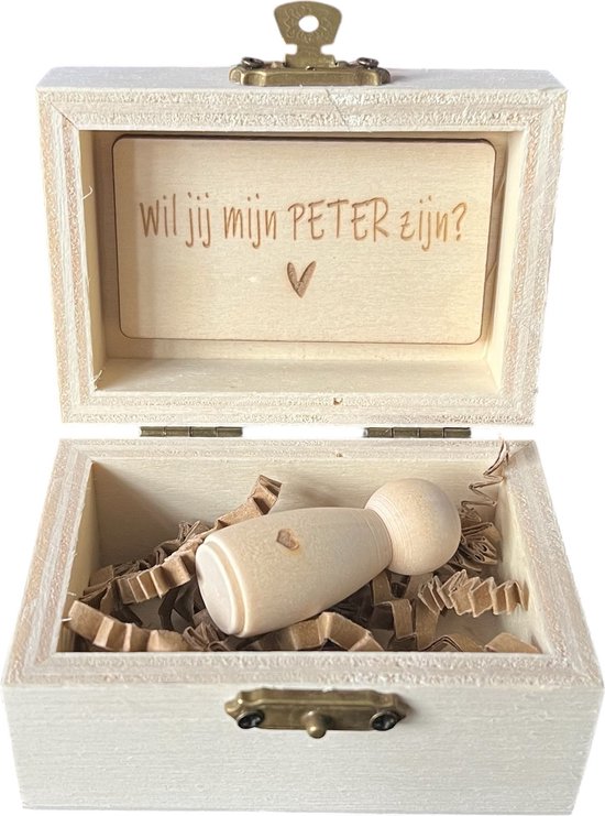 Doosje baby | peg doll | wil jij mijn peter zijn | peter vragen | peter worden | peetoom vrarden | cadeau | doosje met een vragen | peetoom woag van Milly Green Workshop