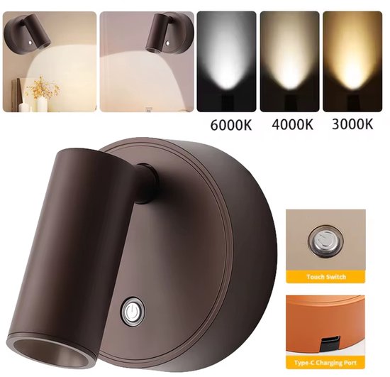 Draadloze LED-wandlamp Met Magnetische Bevestiging, Oplaadbaar Via USB, Zelfklevend, Spotlamp Met Aanraakschakelaar, Dimbaar in 3 Kleuren, Verstelbare Hoek, Bedlampje, Accentverlichting Voor Kunstwerken – Bruin van Merkloos