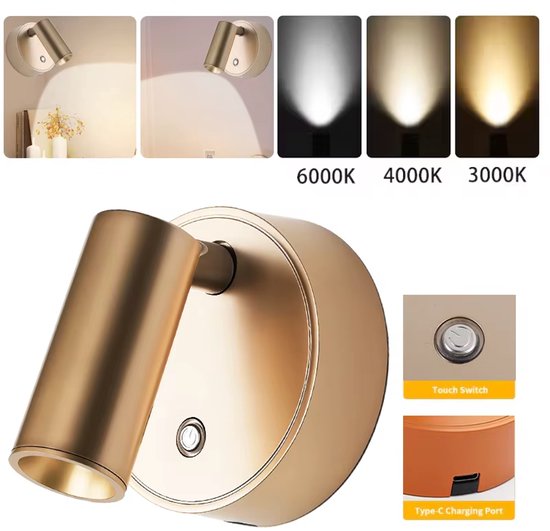 Draadloze LED-wandlamp Met Magnetische Bevestiging, Oplaadbaar Via USB, Zelfklevend, Spotlamp Met Aanraakschakelaar, Dimbaar in 3 Kleuren, Verstelbare Hoek, Bedlampje, Accentverlichting Voor Kunstwerken – Goud van Merkloos