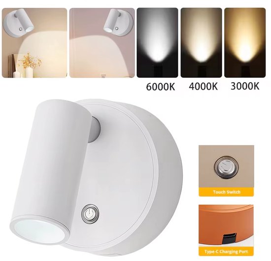 Draadloze LED-wandlamp Met Magnetische Bevestiging, Oplaadbaar Via USB, Zelfklevend, Spotlamp Met Aanraakschakelaar, Dimbaar in 3 Kleuren, Verstelbare Hoek, Bedlampje, Accentverlichting Voor Kunstwerken – Wit van Merkloos