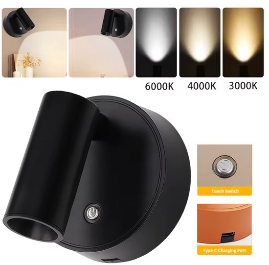 Draadloze LED-wandlamp Met Magnetische Bevestiging, Oplaadbaar Via USB, Zelfklevend, Spotlamp Met Aanraakschakelaar, Dimbaar in 3 Kleuren, Verstelbare Hoek, Bedlampje, Accentverlichting Voor Kunstwerken – Zwart van Merkloos