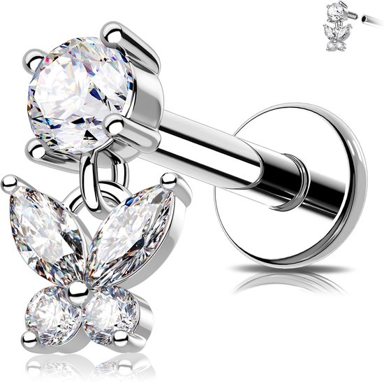 Draadloze Push Pin Labret Stud Vlinder & Bloem CZ Dangle Helix Oorbel 16G Kraakbeen Stud 316L Roestvrij Staal Platte Terug Piercing Sieraden 6mm/8mm Tragus Oorbel