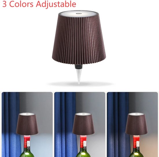 Draadloze wijnfleslamp, decoratieve LED-verlichting, oplaadbaar, aanraakgevoelig, 3 kleurtemperaturen beschikbaar, geschikt voor slaapkamers, eetkamers, bars - USB oplaadbare wijnfles tafellamp, dimbaar nachtlampje (bruin). van Merkloos