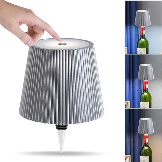 Draadloze wijnfleslamp, decoratieve LED-verlichting, oplaadbaar, aanraakgevoelig, 3 kleurtemperaturen beschikbaar, geschikt voor slaapkamers, eetkamers, bars - USB oplaadbare wijnfles tafellamp, dimbaar nachtlampje (zilver). van Merkloos