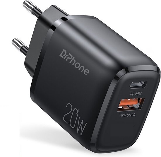 DrPhone HALO-N2 - 20W Oplader met USB-C PD + QC 3.0 USB Lader - 80% - 35 minuten - Stekker Voor Smartphone / Tablet - Zwart van DrPhone