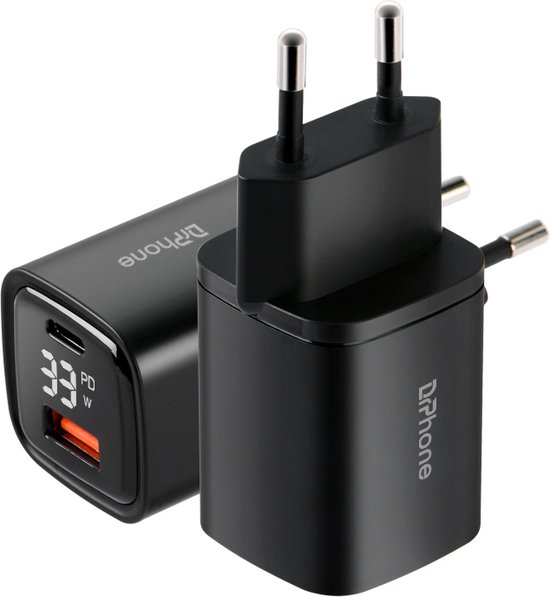 DrPhone HALO15 - 33W Safe LED - 9V 3A - Smartphone en Tablet Oplader met Voltage Meter - Veilig - PD Snel Laden - Geschikt voor Macbook / IOS iPad / iPhone / Samsung- Zwart van DrPhone