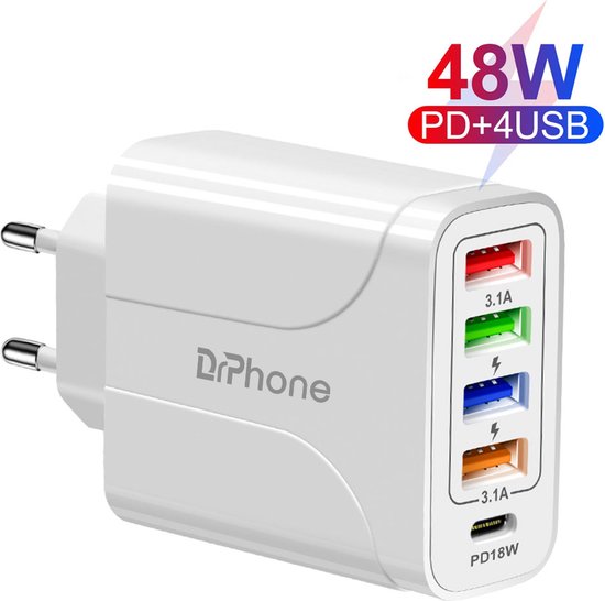 DrPhone HALOXIII – 48W 4 USB Poorten Snel Lader + USB-C PD 18W - QC 3.0 & 3.1A Thuislader- Oplader - Universeel – Wit van DrPhone