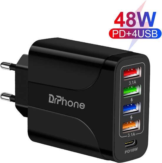 DrPhone HALOXIII - 48W 4 USB Poorten Snel Lader + USB-C PD 18W - QC 3.0 & 3.1A Thuislader- Oplader - Universeel - Zwart van DrPhone