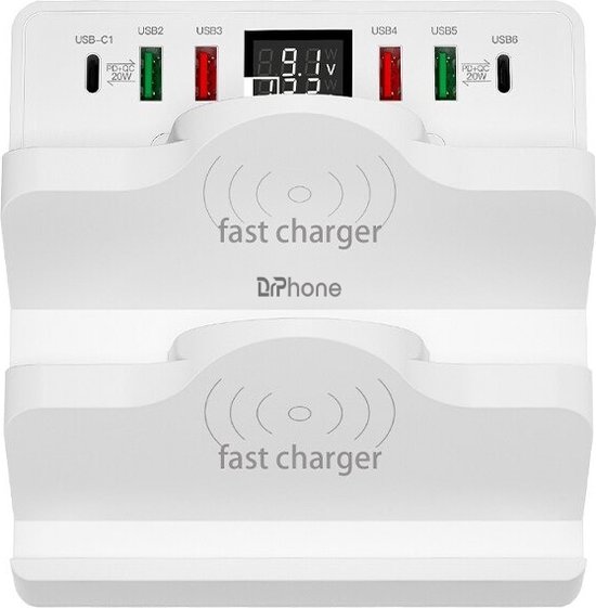 DrPhone SmartC7 Multifunctionele 80W Laadstation - 6-poorts –PD 3.0 20W/QC Qualcomm 3.0 18W - Oplaadstation met Dubbele Draadloos Oplader met LED Display - Wit van DrPhone