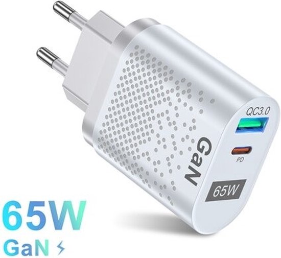 DrPhone WL12 GaN 65W Thuislader - Qualcom 3.0/4.0 & USB C PD 3.0 33W Oplader - USB Oplader - 2 poorts - Wit van DrPhone