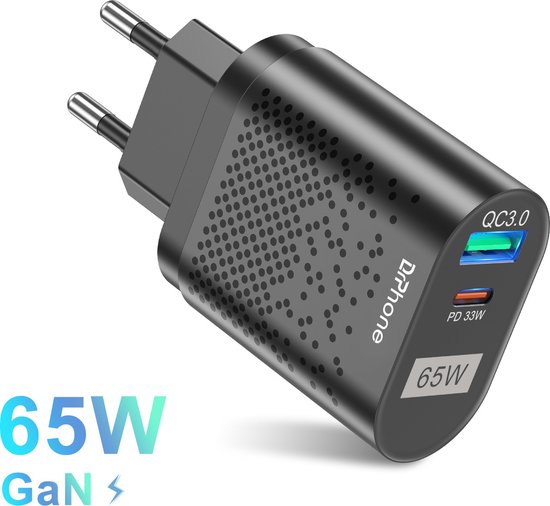 DrPhone WL12 GaN 65W Thuislader – Qualcom 3.0/4.0 & USB C PD 3.0 33W Oplader – USB Oplader – 2 poorts – Zwart van DrPhone