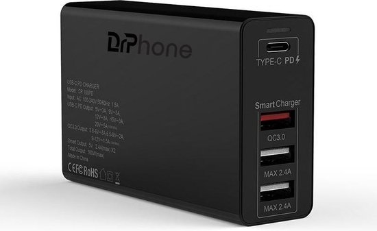 DrPhone WL20 100W 4-Poort USB C Adapter PD 3.0 100W + Qualcom 3.0 & 2.4A - Type C Snelle Oplader voor o.a Smartphones/Tablets /Laptops van DrPhone