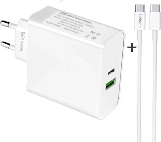 DrPhone XPC2 - 65 Watt Power Oplader - 2 Poorten - Inclusief USB-C 100W Kabel - PD 3.0 Snel Lader - 1 Meter - Geschikt voor Smartphones / Laptop / Tablet - Wit van DrPhone